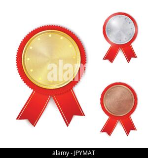 Set of gold, silver and bronze award medals. Rosettes with red ribbons. Medal, rosette vector collection isolated on white background. Premium badges. Stock Vector