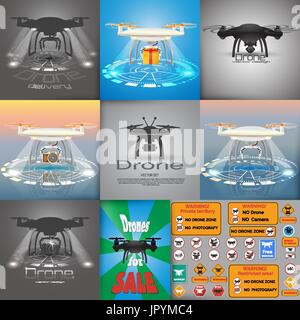 Big vector set of  drone  illustrations. Drone logo.  Drone delivery concept.  Warning sing. Flyer in retro style. Eps10 vector design Stock Vector
