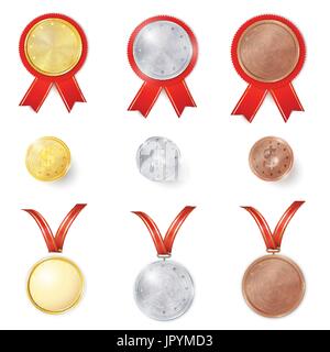 Set of gold, silver and bronze award medals with red ribbons. Set of gold, silver and bronze coins. Color realistic 3d Rosette set. Place for text. Stock Vector