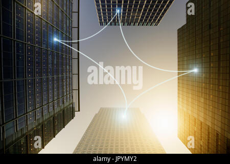 Fiber optic light communication connecting highrise buildings, concept Stock Photo