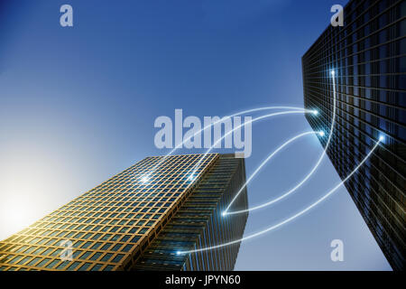 Fiber optic light communication connecting highrise buildings, concept Stock Photo