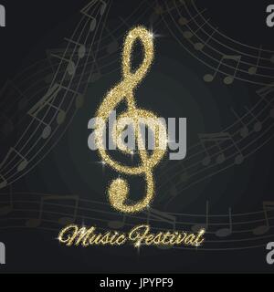 Abstract background with gold music notes and a treble clef. Gold glitter. Stock Vector