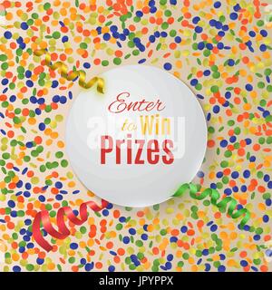 Colorful confetti background with round plate.  Enter to Win Prizes. Vector Illustration. Stock Vector