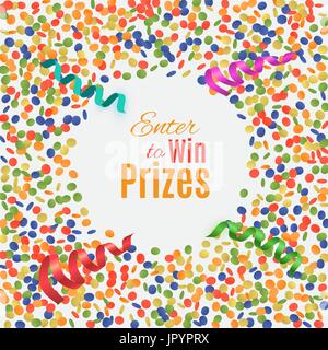 Colorful confetti background with round plate.  Enter to Win Prizes. Vector Illustration. Stock Vector