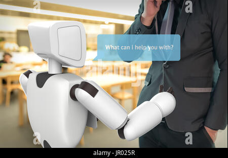 Artificial intelligence , ai concept. Businessman suit use self-driving robot assistant , robo-advisor ask customer to help dialog graphic. 3d Renderi Stock Photo