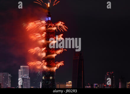 TAIPEI, TAIWAN - JANUARY 1, 2017 - Red fireworks explode in a brilliant show during the 2017 New Year countdown at the Taipei 101 building in Taiwan Stock Photo
