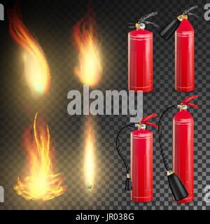 Fire Extinguisher Vector. Sign 3D Realistic Fire Flame And Red Fire Extinguisher. Transparent Background Illustration Stock Vector