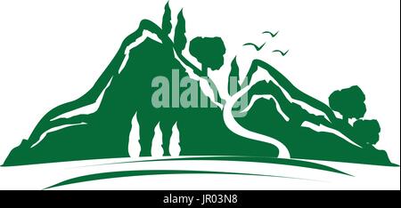 green mountain with trees and birds, illustration design, isolated on white background. Stock Vector