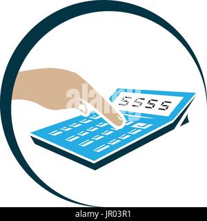 hand using calculator within outline of circle, icon design,  isolated on white background. Stock Vector