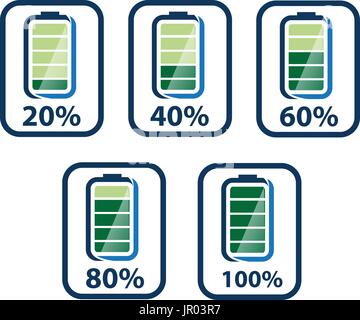 set of battery icons with percent rates, icon design, isolated on white background. Stock Vector