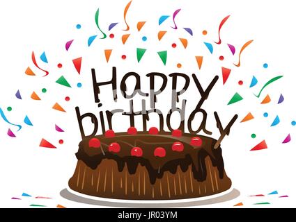 chocolate cake with phrase happy birthday , and colorful flying confetti, isolated on white background Stock Vector