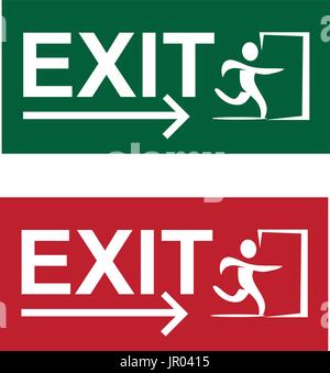 exit signs, with person running to the door, icon design, isolated on white background. Stock Vector