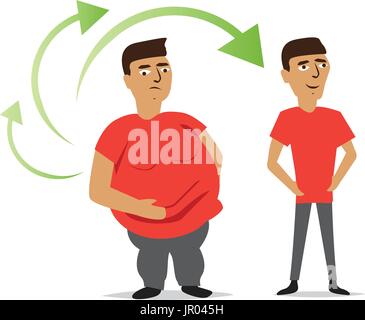 fat person transform to a person with slim body, with 3 arrows, illustration design, isolated on white background Stock Vector