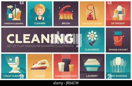 Cleaning - vector modern flat design icons set Stock Vector