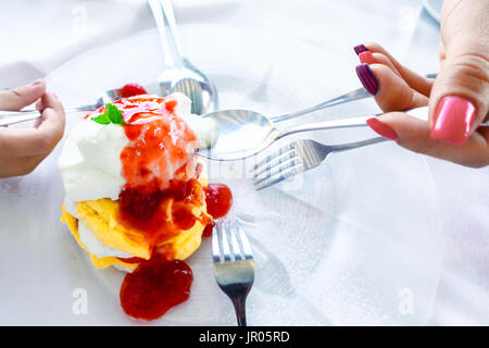 Strawberry cake, Sweet biscuit, mint, vanilla cream and whipped cream Stock Photo