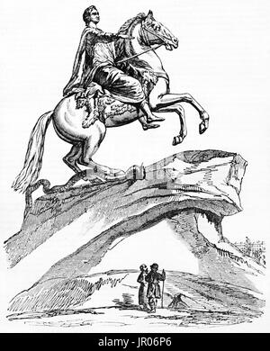 Old engraved reproduction of Bronze Horseman, equestrian statue of Peter the Great in Saint Petersbourg, Russia. After sculpture of Etienne Maurice Fa Stock Photo