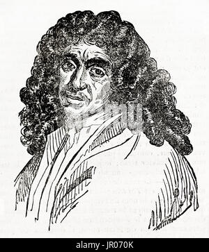 Old engraved portrait of Jean-Baptist Poquelin (1622 - 1673), better known as Molière. By unknown author, published on Magasin Pittoresque, 1833. Stock Photo