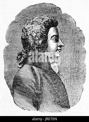 Old engraved portrait of Wolfgang Amadeus Mozart (1756 – 1791). Created by Jackson, published on Magasin Pittoresque, Paris, 1833. Stock Photo