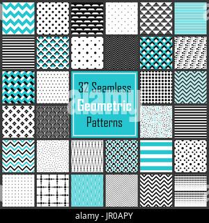 Geometric Black White Blue Patterns Set Stock Vector