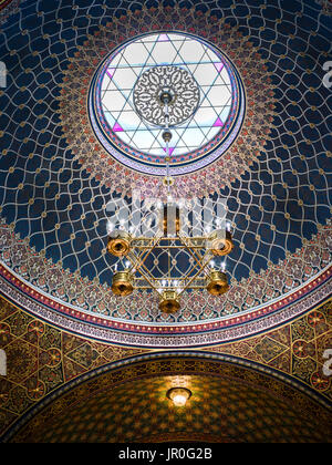 Ornate Design Of A Domed Ceiling And Hanging Light Fixture In The Spanish Synagogue; Prague, Czech Republic Stock Photo