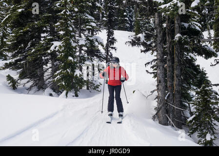 A Cross Country Skier In A Red Coat Skiing On The Snow Covered Trails Of The Rocky Mountains; Whistler, British Columbia, Canada Stock Photo