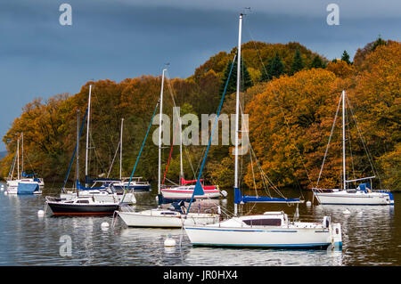 Boats On Lake Windermere In Autumn; Cumbria, England Stock Photo