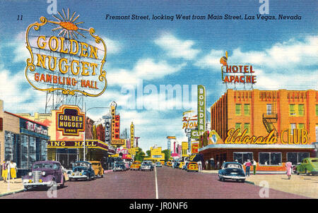 Vintage U.S. postcard of Fremont Street, Las Vegas, Nevada, showing the Golden Nugget sign. Published by Burkett Distributing Co. Stock Photo