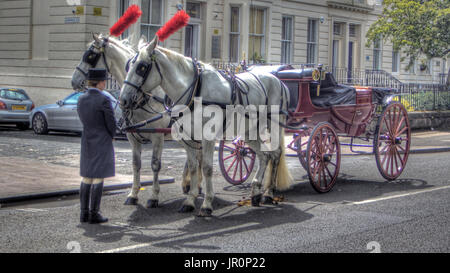 horse and carriage on street at rest with  footman handler ghostly effect Stock Photo
