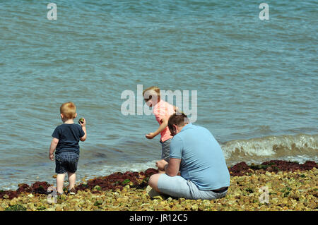 A young man sttig on a stony beach looking after his sons or two small boys throwing and skimming stones in the sea at the seaside. Stock Photo