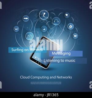 Blue Abstract Cloud Computing Concept Design for Technology with World Map, Tablet PC in the Center and Bubbly Icons Representing Different Storage Stock Vector