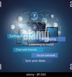 Blue Abstract Cloud Computing Concept Design with World Map, Mobile Devices and Laptop PC in the Center and Bubbly Icons Representing Different Data Stock Vector
