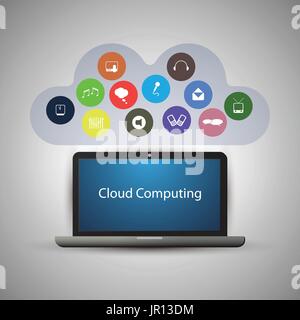 Everything Connected to the Cloud - Grey Cloud Computing Concept Design with Laptop and Colorful Icons - Illustration in Editable Vector Format Stock Vector