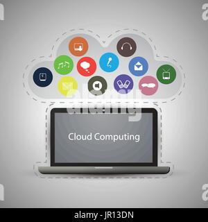 Everything Connected to the Cloud - Grey Cloud Computing Concept Design with Laptop and Colorful Icons - Illustration in Editable Vector Format Stock Vector