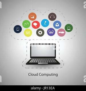 Everything Connected to the Cloud - Grey Cloud Computing Concept Design with Laptop and Colorful Icons - Illustration in Editable Vector Format Stock Vector