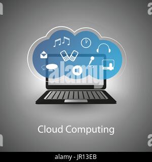 Everything Connected to the Cloud - Grey Cloud Computing Concept Design with Laptop and Colorful Icons - Illustration in Editable Vector Format Stock Vector