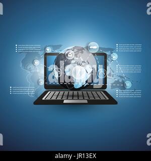 Blue Abstract Illustration, Cloud Computing Concept Design with World Map, Earth Globe, Laptop PC, Icons Representing Different Digital Data Storage Stock Vector