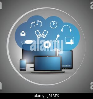 Abstract Colorful Cloud Computing Concept Design with Mobile Devices, Laptop PC and Connected Icons Representing Different Kinds of Digital Data Stock Vector
