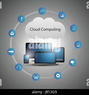 Abstract Colorful Cloud Computing Concept Design with Mobile Devices, Laptop PC and Connected Icons Representing Different Kinds of Digital Data Stock Vector