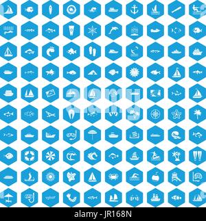 100 sea icons set blue Stock Vector