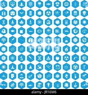 100 space technology icons set blue Stock Vector