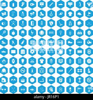100 sport equipment icons set blue Stock Vector