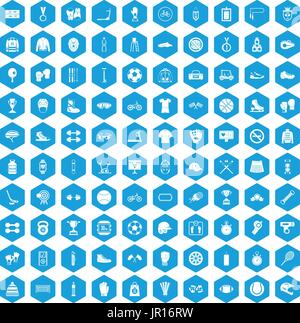 100 sport accessories icons set blue Stock Vector