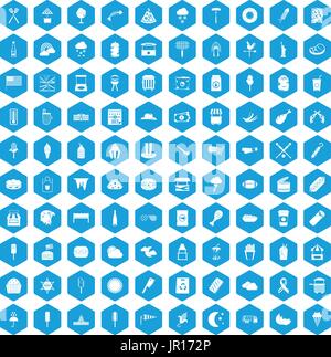 100 street food icons set blue Stock Vector