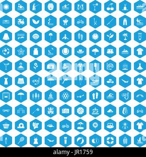 100 summer icons set blue Stock Vector