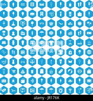 100 summer shopping icons set blue Stock Vector