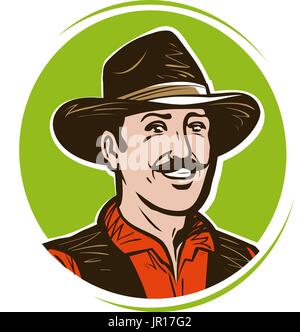 Farmer logo or label. Portrait of happy American cowboy in hat. Cartoon vector illustration Stock Vector