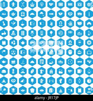 100 tea time food icons set blue Stock Vector