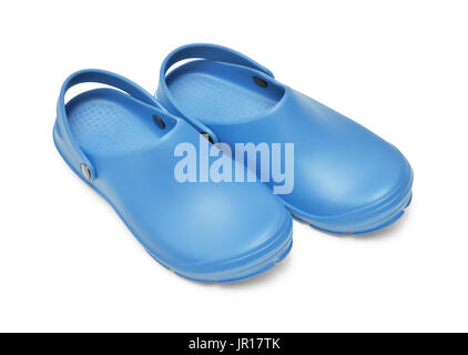 Crocs shoes. A pair of blue clogs isolated on white background w/ path Stock Photo