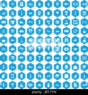 100 tourism icons set blue Stock Vector