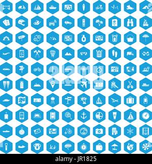 100 travel icons set blue Stock Vector
